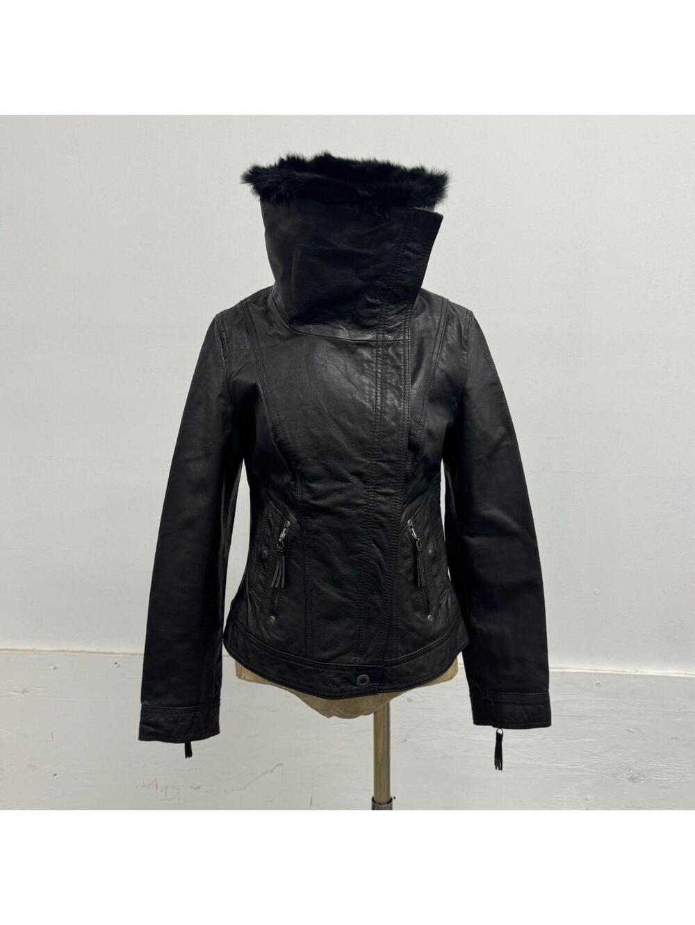 Vintage ONLY Black Leather Funnel Neck Jacket with Rabbit Fur Collar - Picture 3 of 8